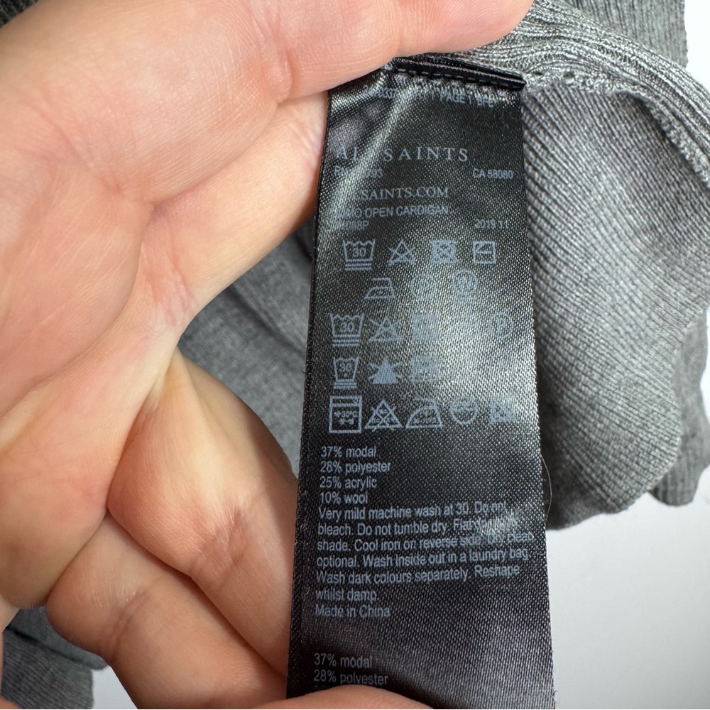 AllSaints Gray Ribbed Open Cardigan Sweater Lightweight Minimalist Large - Picture 5 of 8